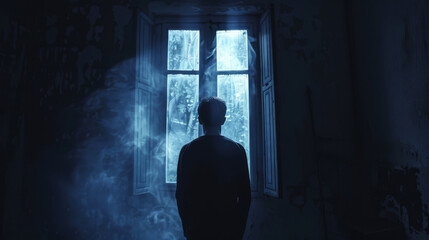 A figure standing at a window looking out, surrounded by darkness, illustrating longing for the outside