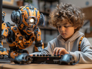 Young Boy Programming robot on the computer