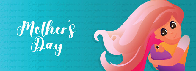 Header or banner design with illustration of mom hugging her infant for Mother's Day celebration.