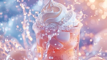 Dirty soda. A close-up of a chilled beverage with a creamy topping and sparkling bokeh background - obrazy, fototapety, plakaty