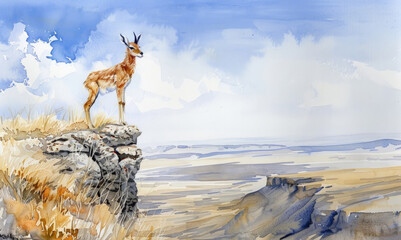 A painting depicting a gazelle confidently standing on a cliff edge, overlooking the landscape below