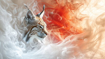 A majestic bobcat gracefully moves through swirling smoke, its wild eyes piercing the mysterious mist. A powerful blend of nature's beauty and untamed wilderness.