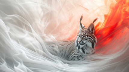 A majestic bobcat gracefully moves through swirling smoke, its wild eyes piercing the mysterious mist. A powerful blend of nature's beauty and untamed wilderness.