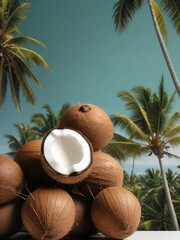 Coconuts sway against a tropical backdrop, epitomizing the essence of paradise with their lush greenery and sun-kissed allure, beckoning you to embrace the island vibes