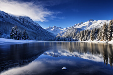 reflect of river against on mountain. landscape of mountain is on winter background 