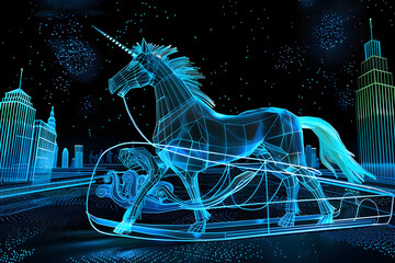 Neon wireframe horse pulling futuristic sleigh in neon cityscape isotated on black background. - obrazy, fototapety, plakaty