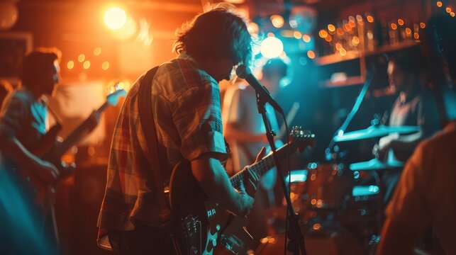 Musicians on stage on bar paying guitar and singing, performing live on stage with warm lighting in dark relaxing pub atmosphere.