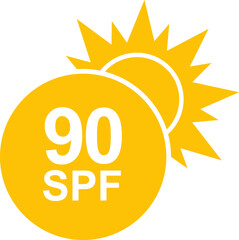 SPF 90 icon. Sun protection for skin. UVA UVB sunscreen protection. SPF icon for or skin cosmetics packaging.