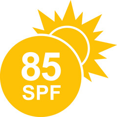 SPF 85 icon. Sun protection for skin. UVA UVB sunscreen protection. SPF icon for or skin cosmetics packaging.