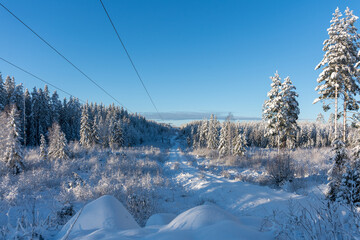 Powerlines and a small countryside road in winter