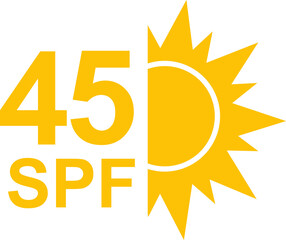SPF 45 icon. Sun protection for skin. UVA UVB sunscreen protection. SPF icon for or skin cosmetics packaging.