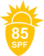 SPF 85 icon. Sun protection for skin. UVA UVB sunscreen protection. SPF icon for or skin cosmetics packaging.