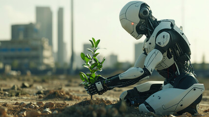 Witness a clean, white robot planting a sapling in Riyadh city under bright daylight, captured in stunning 8k HDR10, showcasing AI generative innovation.