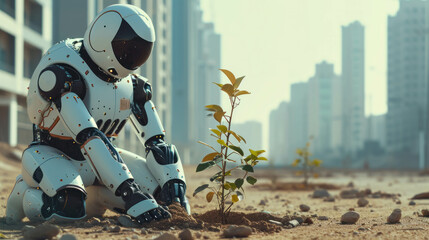 Witness a clean, white robot planting a sapling in Riyadh city under bright daylight, captured in stunning 8k HDR10, showcasing AI generative innovation. - obrazy, fototapety, plakaty
