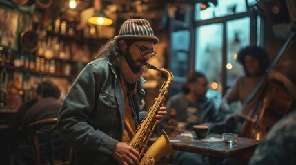 Saxophonist performing in a bustling cafe, with a double bass player in the background. Cozy atmosphere with talented people - obrazy, fototapety, plakaty