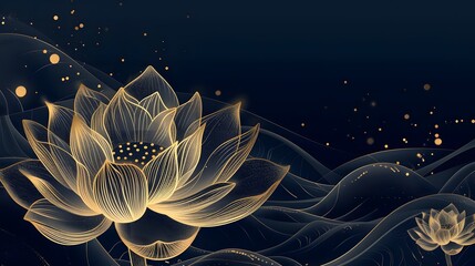 Golden lotus with thin graceful lines against a mountain landscape. Lotus flower luxury design template poster with copy space. - obrazy, fototapety, plakaty