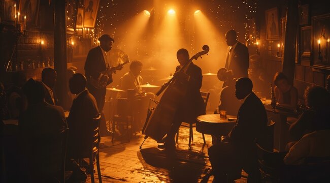 Jazz band performing in a dimly lit club filled with people, soft golden light, speakeasy club