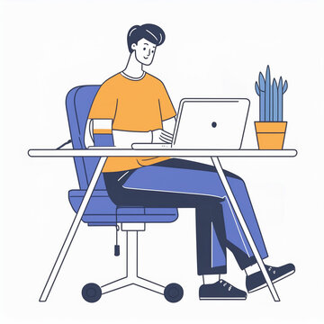Teleworking with Young Man at Desk with Laptop Working from Home. Illustration