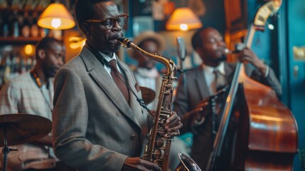 Fototapeta premium Saxophonist in focus with band, African jazz musicians performing in warmly lit jazz club.