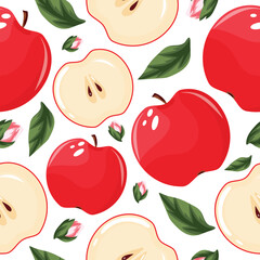 seamless pattern with red, juicy apple halves and whole apples, green leaves and apple blossom buds, for packaging, for textiles or posters