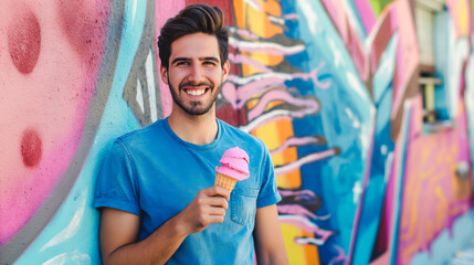 Smiling man holding artisanal ice cream against graffiti wall on sunny day. - Powered by Adobe