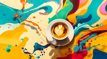 Graphic interpretation of coffee cup with dynamic swirls and splashes set against a lively colored block setting.