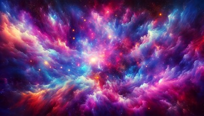 This wide-format abstract wallpaper invites viewers on a mesmerizing journey through the cosmos. Vibrant portrayals of nebulae, stars, and cosmic dust come to life. - obrazy, fototapety, plakaty