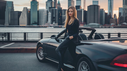 Fashionable young woman posing confidently beside her sleek convertible with the city skyline in the background.