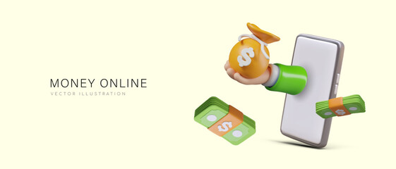 Money online. Realistic hand with bag of money is sticking out of smartphone