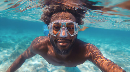 Underwater photography of tourist with  mask . - obrazy, fototapety, plakaty