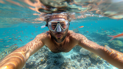 Underwater photography of tourist with  mask . - obrazy, fototapety, plakaty