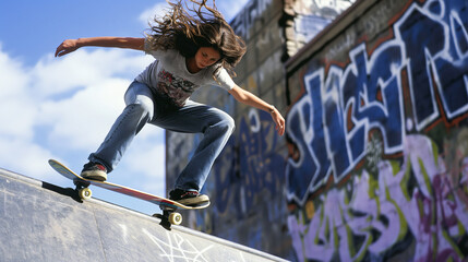 A young woman performing a kickflip on her skateboard at an urban skatepark.