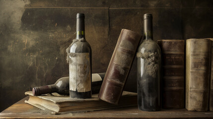 Still life composition featuring several aged wine bottles covered in dust next to worn leather-bound books on an antique wooden table.