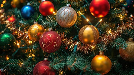 Obraz na płótnie Canvas festive Christmas tree adorned with baubles, tinsel, and twinkling lights