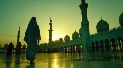 Sunset Silhouettes at Sheikh Zayed Mosque - obrazy, fototapety, plakaty
