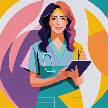 Young latina Woman Nurse Using Digital Tablet. Flat illustration isolated