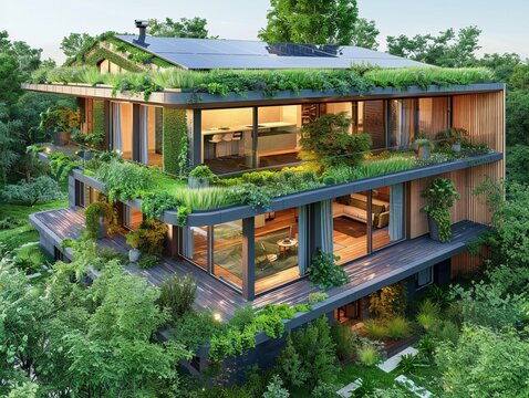 Sustainable green house, solar panels on top, blending with natural landscape, eyelevel, quiet and ecofriendly