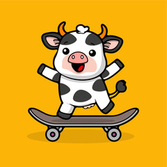 cute cow skateboarding vector...