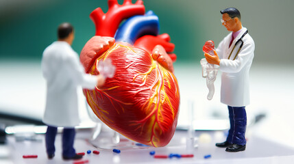 Miniature scientists examining a large heart model to represent cardiology research and health.