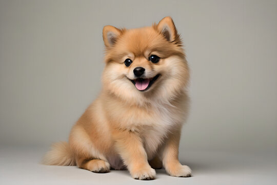 A pomeranian puppy sitting in front of a simple background.
