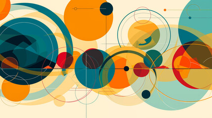 Bold graphics featuring geometric shapes representing planetary orbits in an array of complementary colors on flat background.