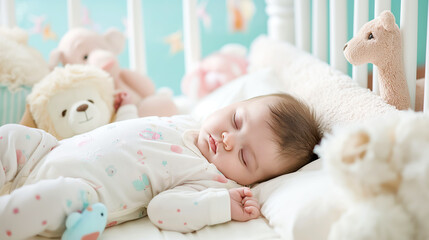 Newborn sleeping peacefully in a pastel-colored nursery with plush animals surrounding the crib.