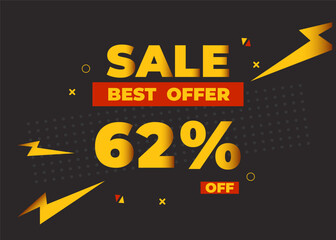 62% off sale best offer. Sale banner with sixty two percent of discount, coupon or voucher vector illustration. Yellow and red template for campaign or promotion.