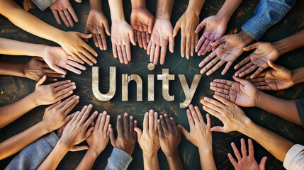 Unity word encircled by connected hands of diverse ethnicities.