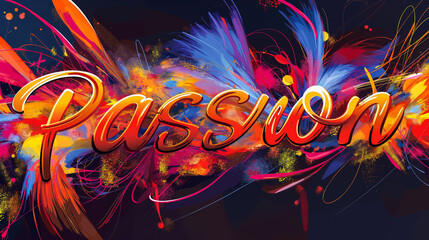 Passion word illustrated in fiery, vibrant colors.