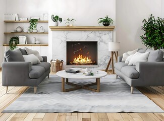Modern living room with gray sofa, coffee table and wooden floor, grey carpet on the white wall above fireplace, copy space concept, wide angle shot, stock photo,