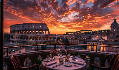 A panoramic view restaurant with the Colosseum as a backdrop, romantic dinner for two