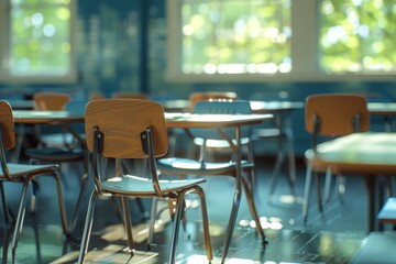 Sun rays illuminate an unoccupied classroom with wooden desks, suggesting the start of a school day.