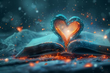 Magical  heart-shaped light effuses from a book, with sparkling embers and a mystical blue backdrop.