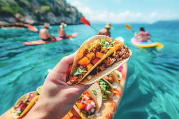 A delicious taco spread on a stand-up paddle SUP board Mexican food for outdoor lunch on the beach - obrazy, fototapety, plakaty